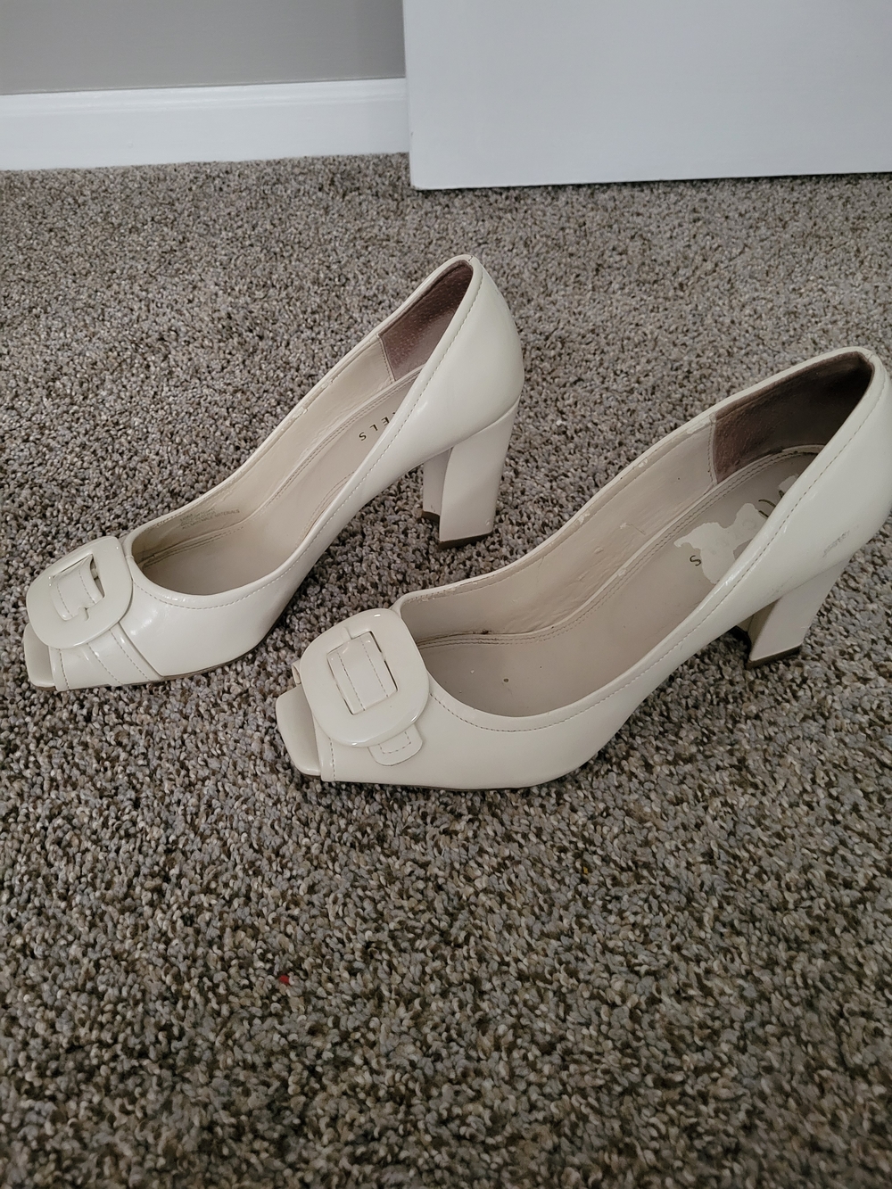 NICHOLAS Vintage, Rare White Peep-Toe Block Heel Pumps with Buckle